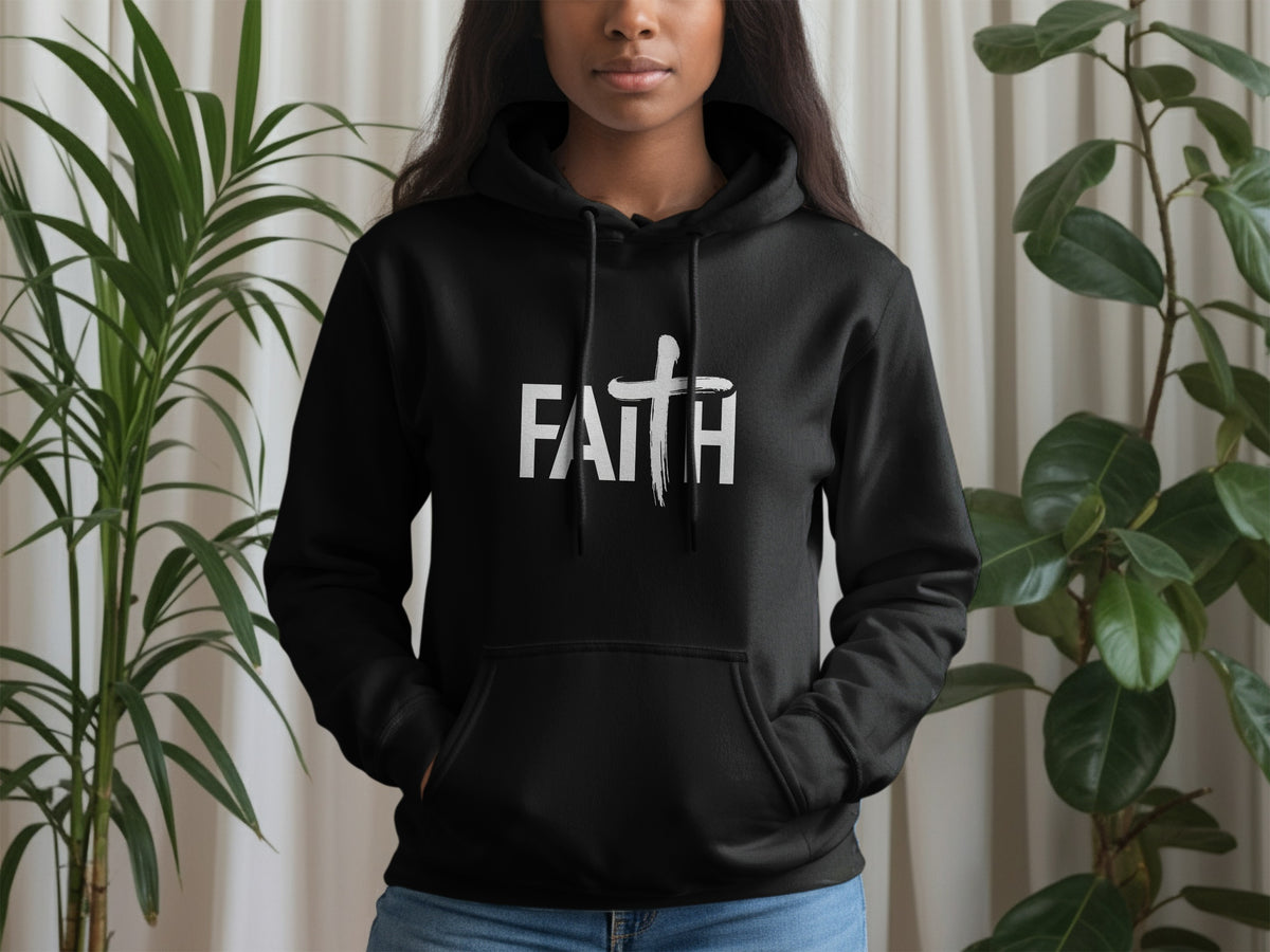 Black hoodie with white "FAITH" text and cross design.