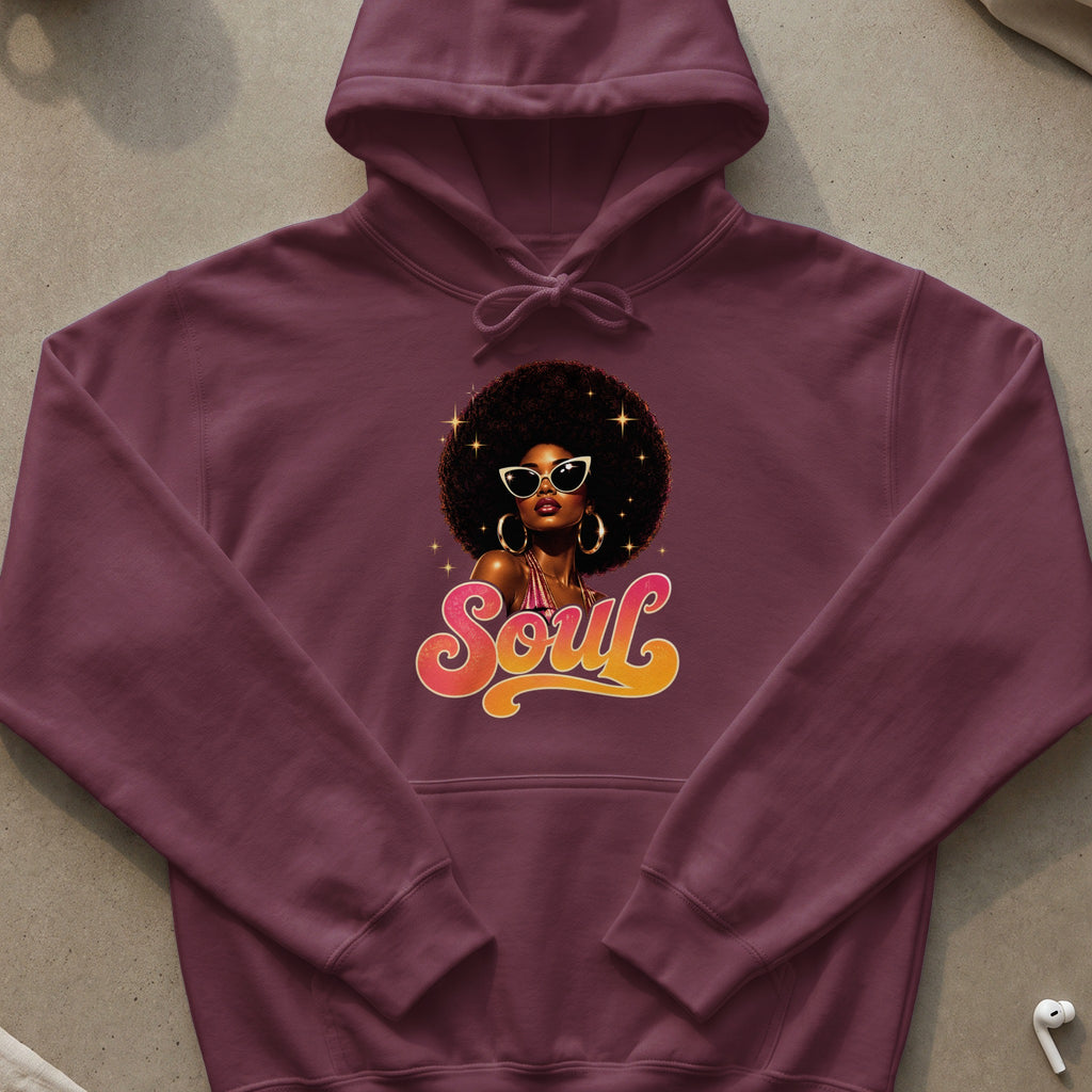 Maroon hoodie with a graphic of a woman with an afro and the word "Soul".