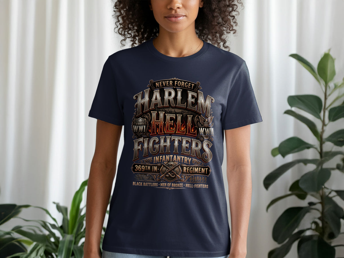 Dark t-shirt with "Harlem Hell Fighters 369th Infantry Regiment" text.