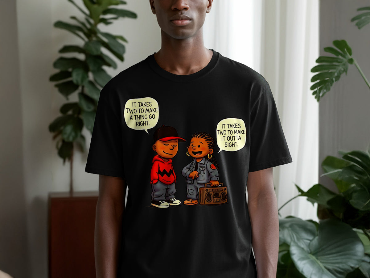Black t-shirt with cartoon characters and text "It takes two to make a thing go right."