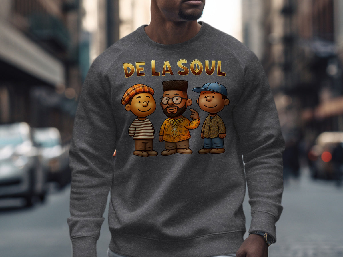 De La Soul text with cartoon characters on a dark grey sweatshirt.