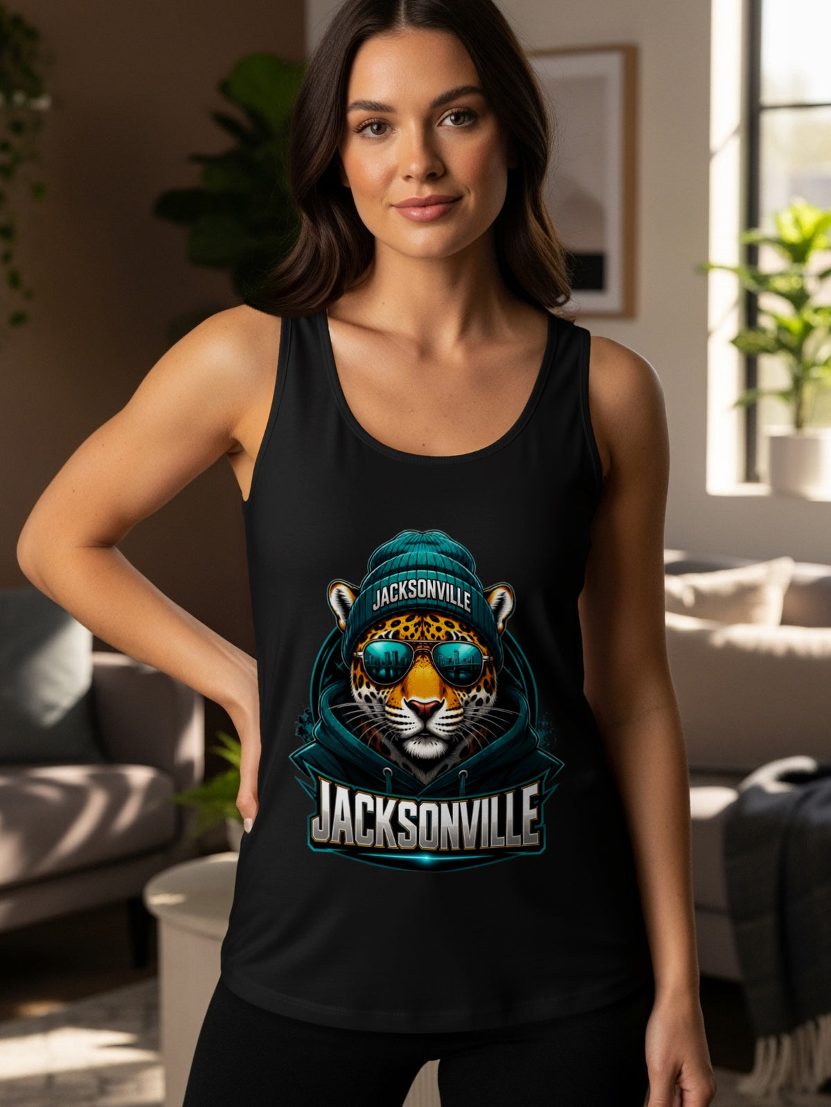 Black tank top with Jacksonville leopard graphic and text.