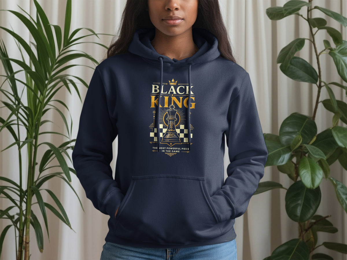 Navy hoodie with gold "Black King" text and chess king graphic.