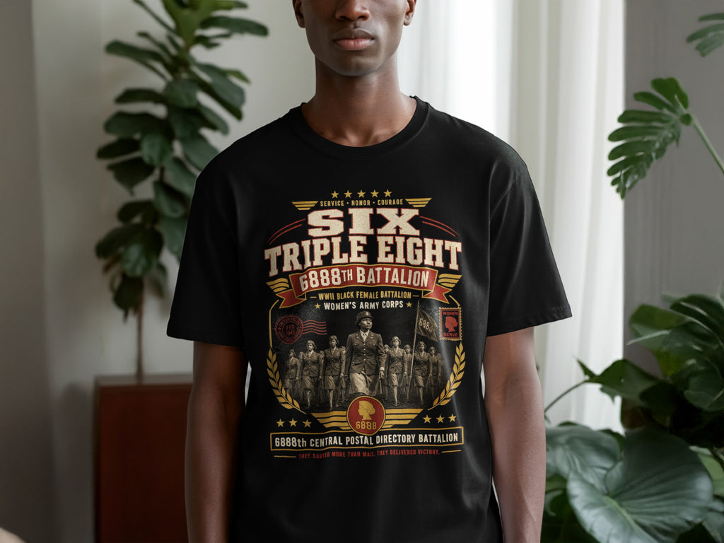 Black t-shirt featuring "Six Triple Eight 6888th Battalion WWII Black Female Postal" design.