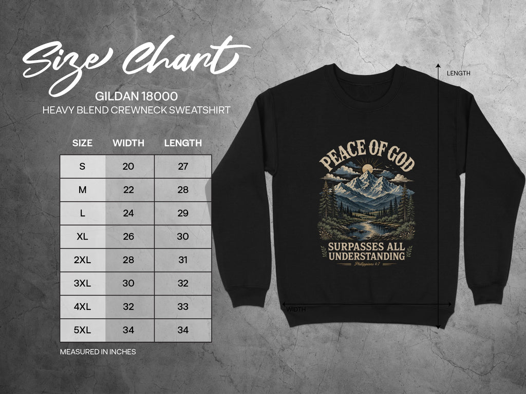 Gildan 18000 heavy blend crewneck sweatshirt size chart with measurements in inches.