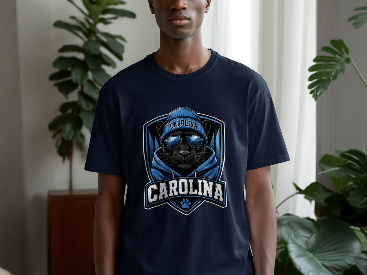 Dark blue t-shirt with a black panther wearing a beanie and sunglasses, text "Carolina".