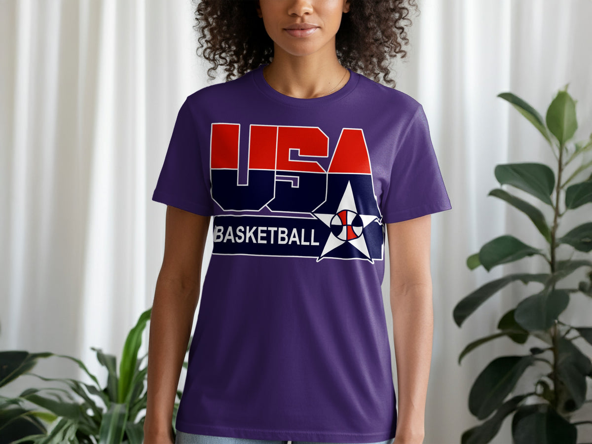 Purple t-shirt with "USA BASKETBALL" text and a star logo.