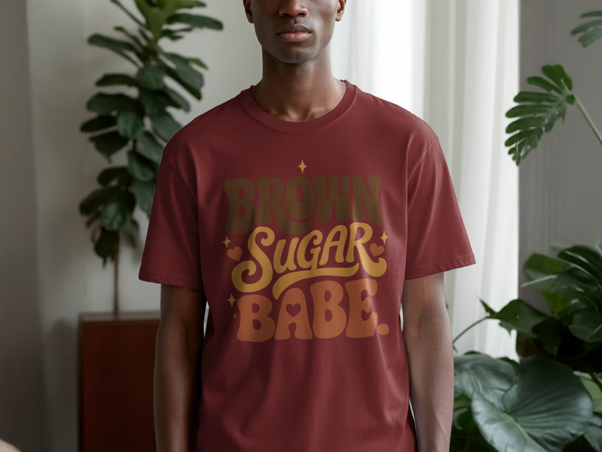 Maroon t-shirt with "Brown Sugar Babe" text and decorative stars.