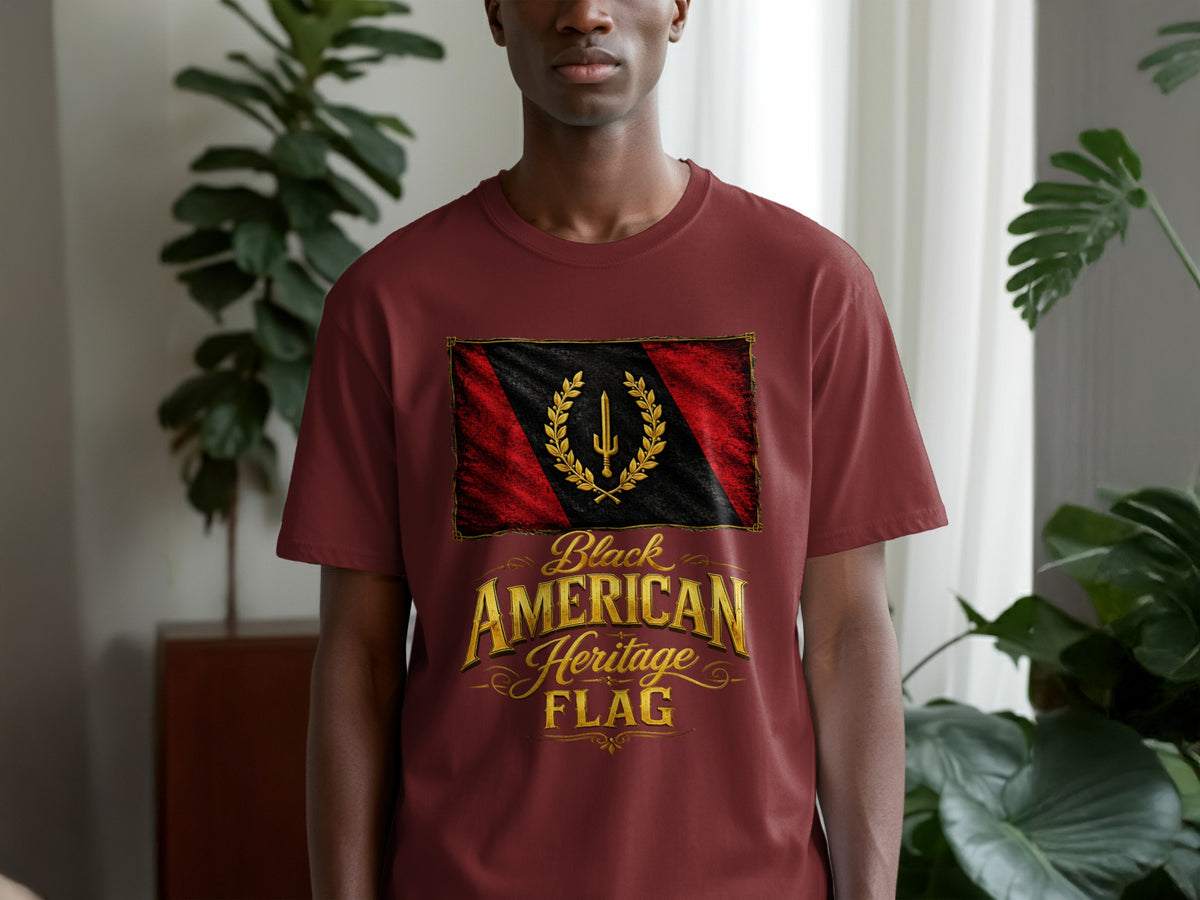 Maroon t-shirt with a Black American Heritage Flag and text design.