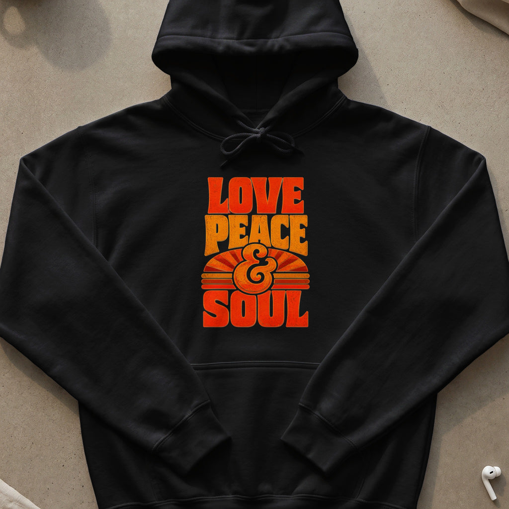 Black hoodie with orange and yellow distressed text "LOVE PEACE & SOUL" and sun graphic.