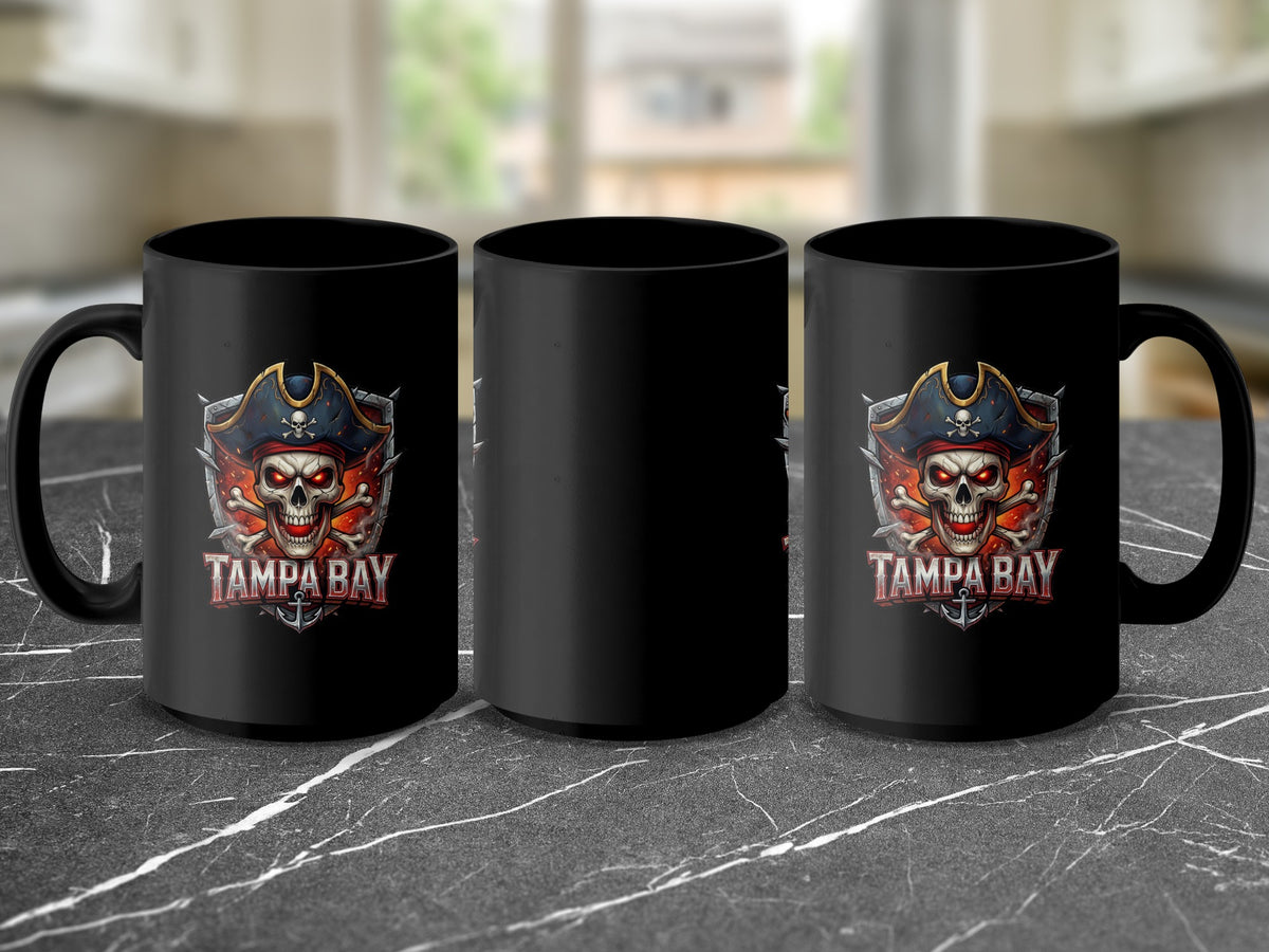 Black mug with a pirate skull, crossed bones, and "Tampa Bay" text design.