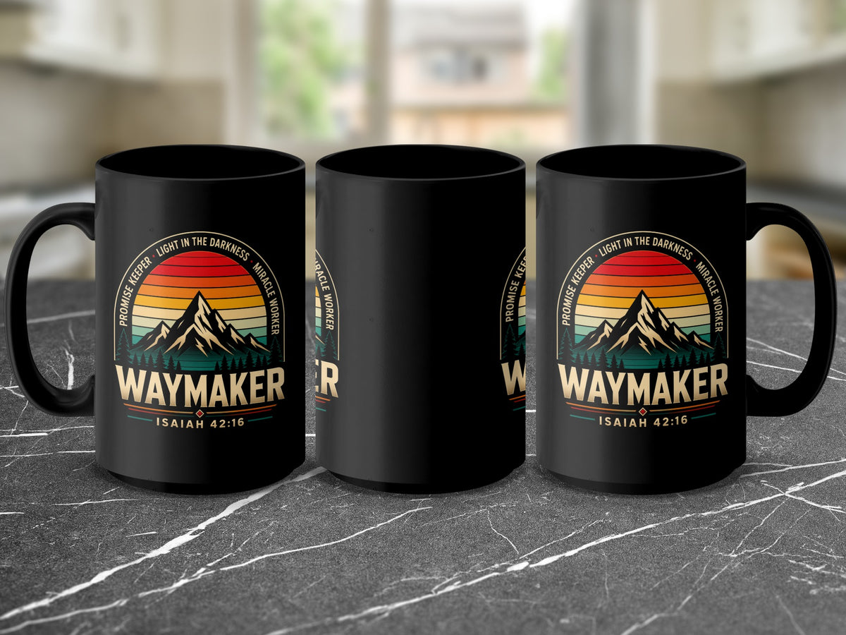 Three black mugs displaying "WAYMAKER" text with a mountain sunset design.