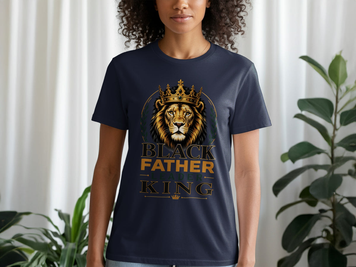 Navy t-shirt with a lion wearing a crown and the text "Black Father Leader King."