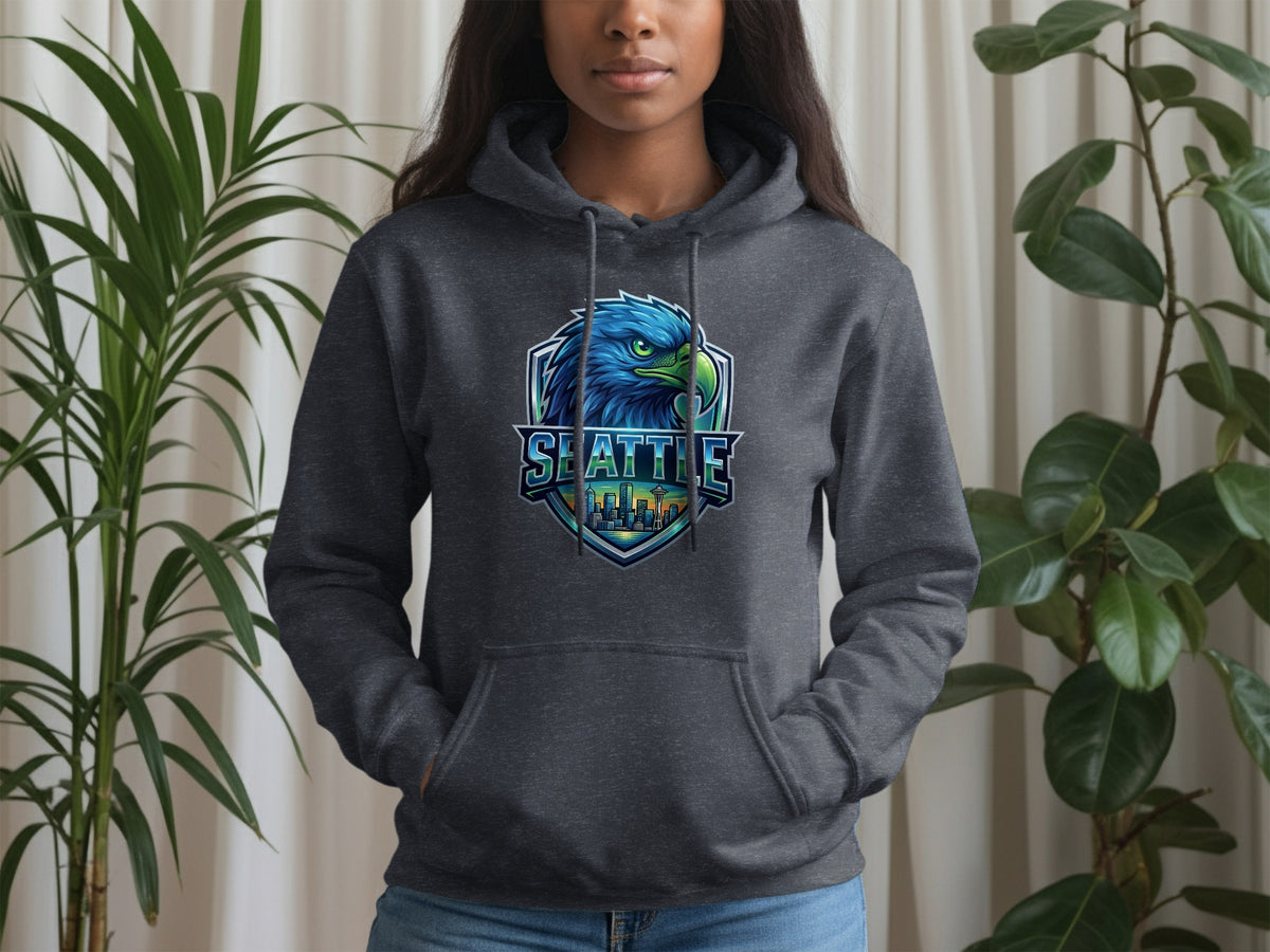 Dark grey hoodie with Seattle eagle and skyline crest graphic on chest.