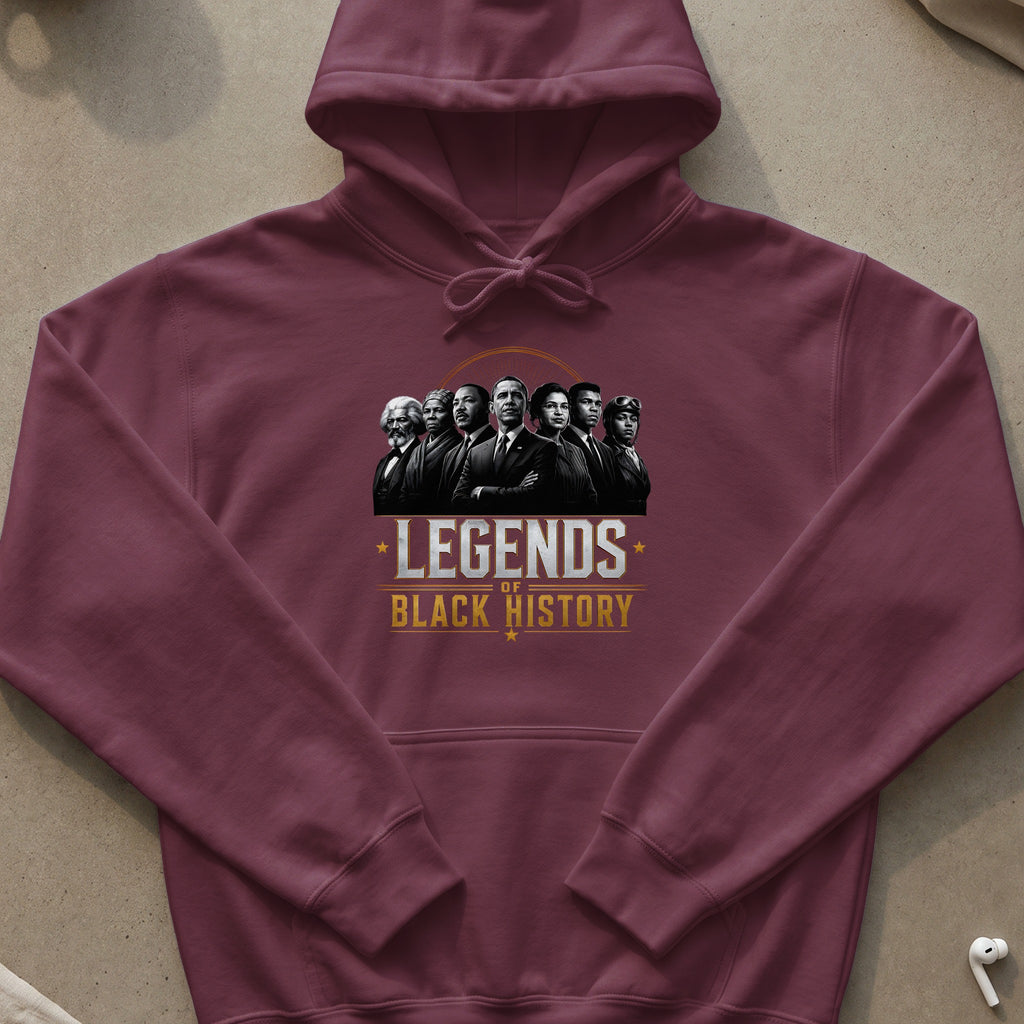 Maroon hoodie with "Legends of Black History" text and portraits of historical figures.