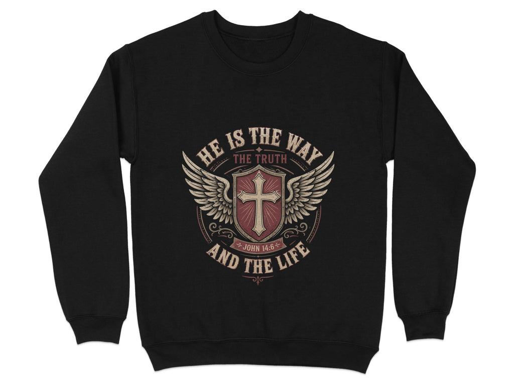 Black sweatshirt with winged shield graphic reading "He is the way, the truth, and the life."