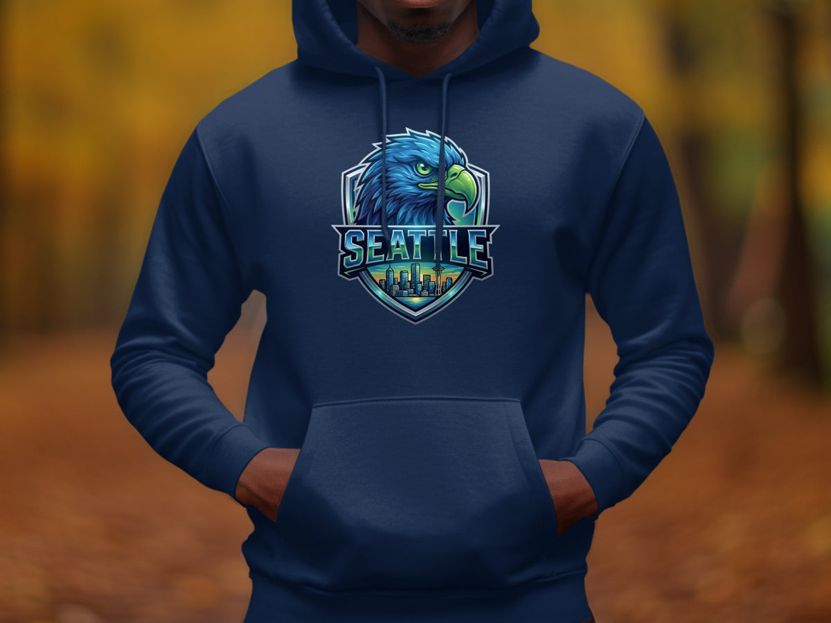 Navy blue hoodie with a Seattle cityscape and eagle crest graphic on the chest.