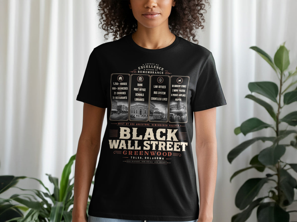 Black Wall Street Greenwood Tulsa, Oklahoma t-shirt with historical facts and images.