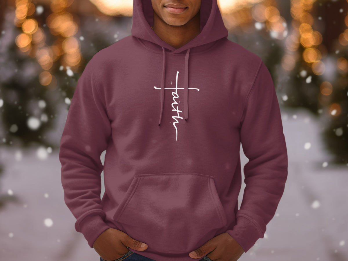 Maroon hooded sweatshirt with white script "Faith" cross graphic on chest.
