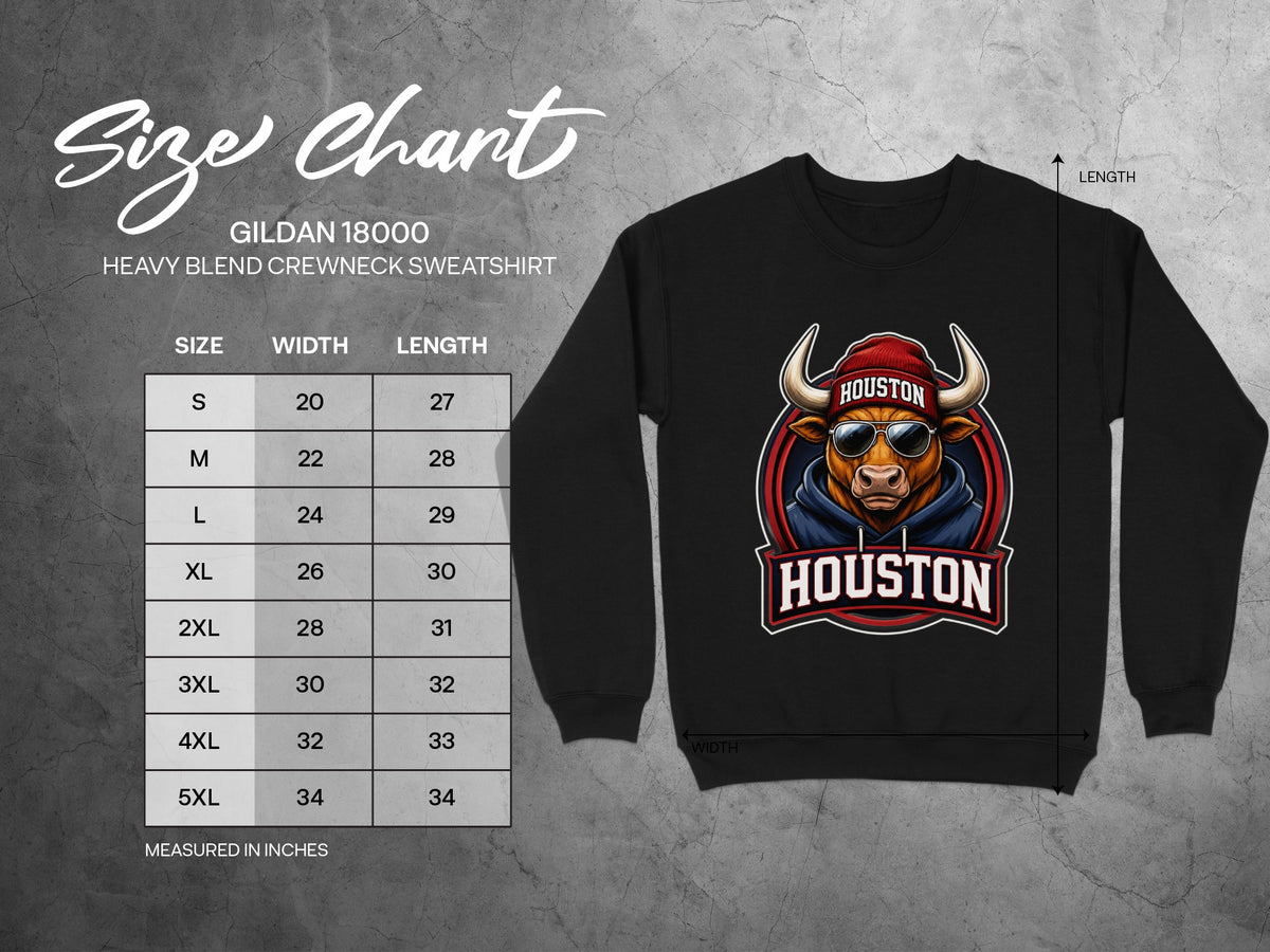 Gildan 18000 sweatshirt size chart with bull graphic and Houston text.