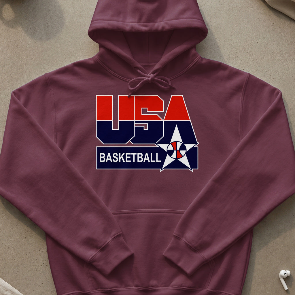 Maroon hoodie with red, white, and blue USA Basketball logo.