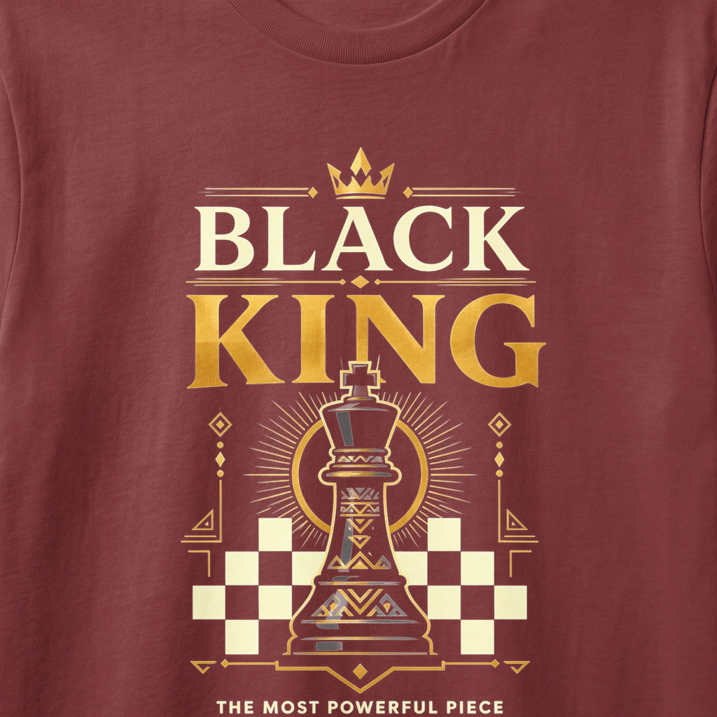 Black King chess piece with crown, text, and checkerboard design.