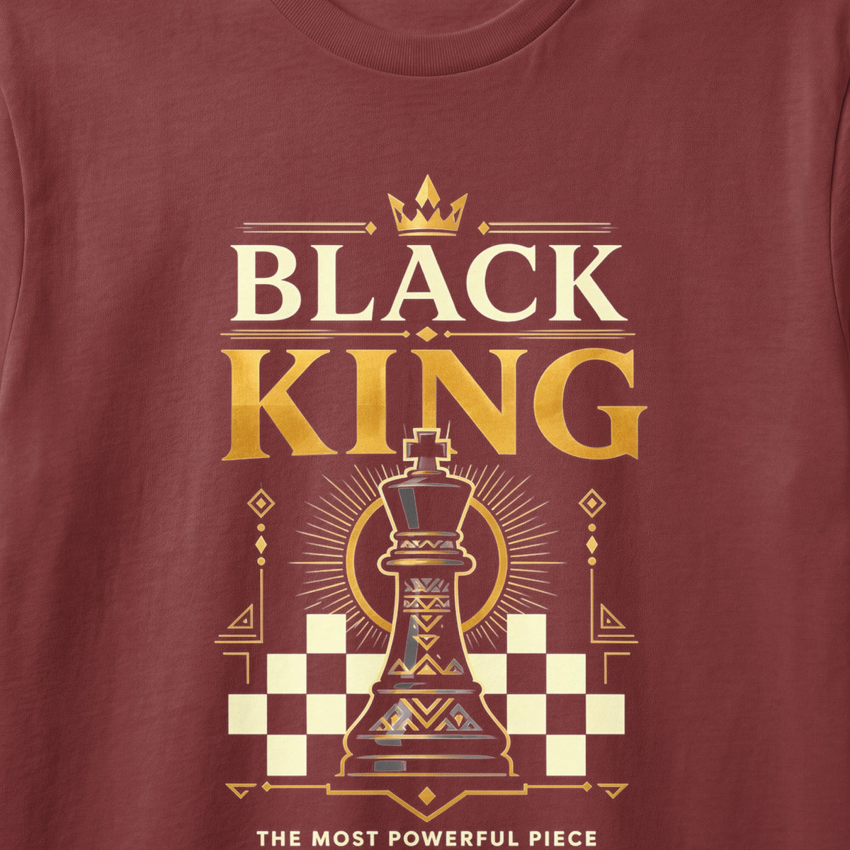 Black King chess piece with crown, text, and checkerboard design.