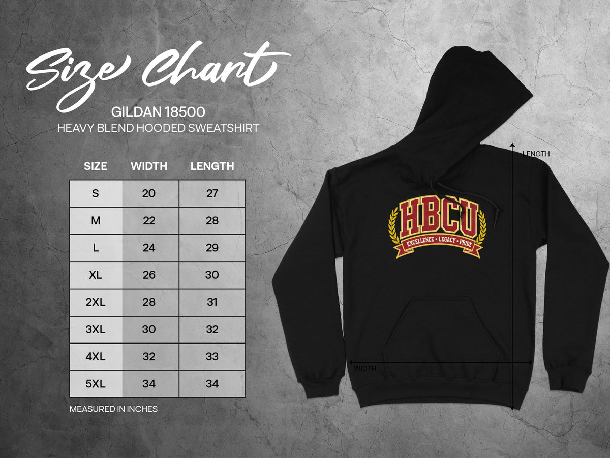 Gildan 18500 Heavy Blend hooded sweatshirt size chart with width and length measurements.