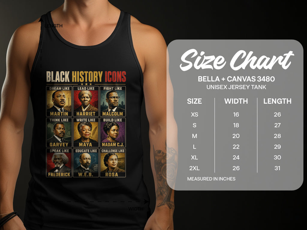 Black History Icons tank top features portraits of Martin, Harriet, Malcolm, Garvey, Maya, Madam C.J., Frederick, W.E.B., Rosa.