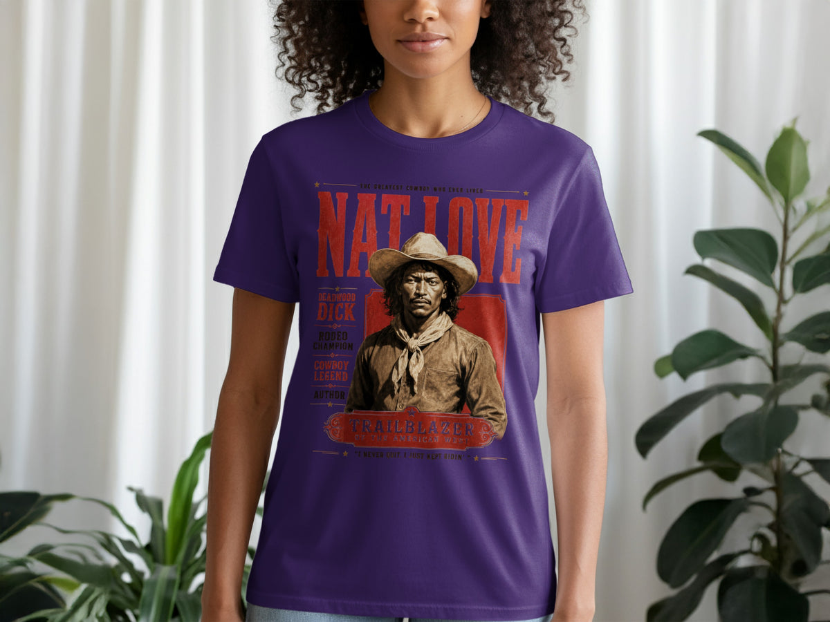 Purple t-shirt with Nat Love, Deadwood Dick graphic and quote.