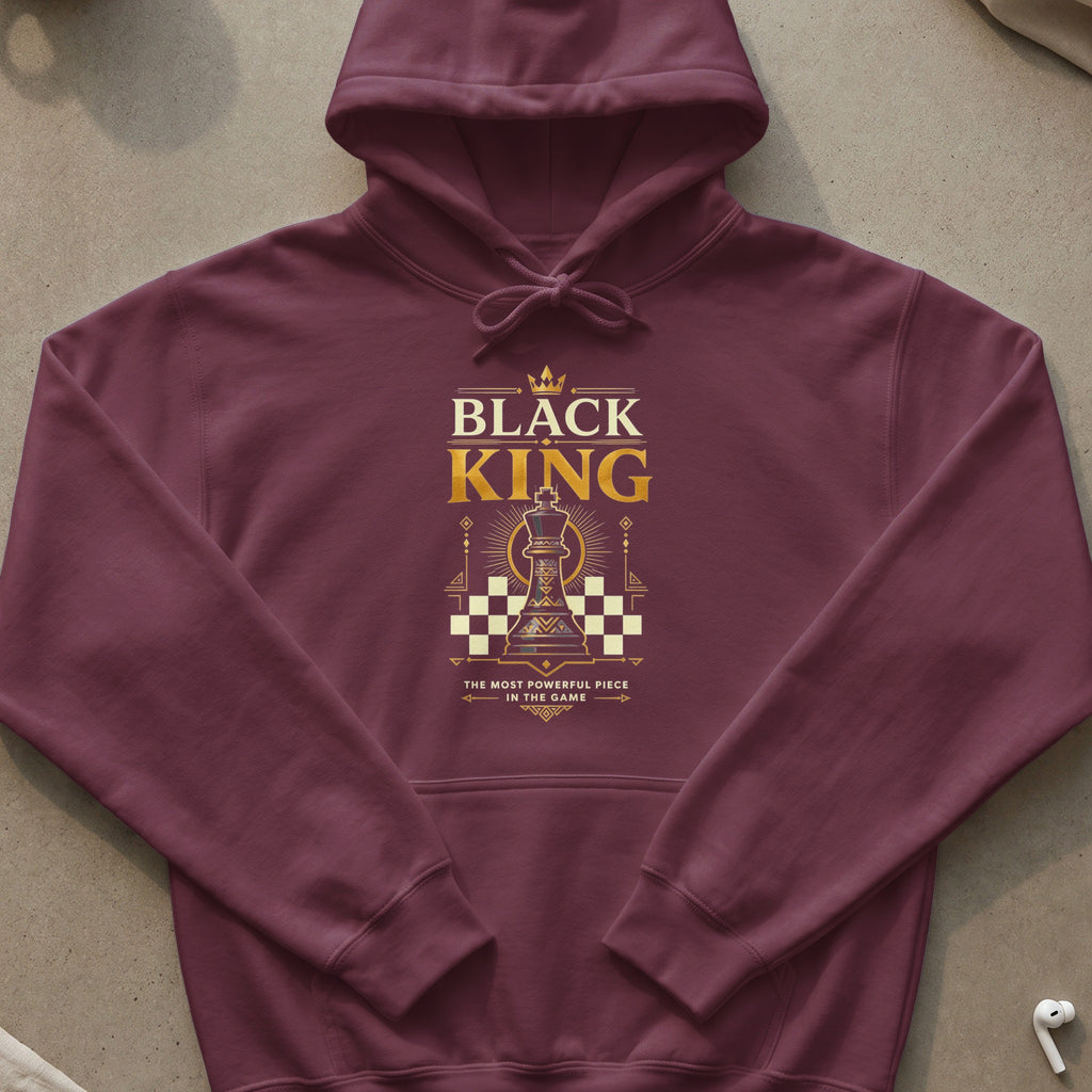 Maroon hoodie with "BLACK KING THE MOST POWERFUL PIECE IN THE GAME" text and chess king graphic.