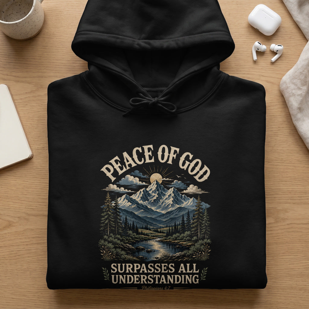 Black hoodie with "Peace of God Surpasses All Understanding" graphic and mountain scene.