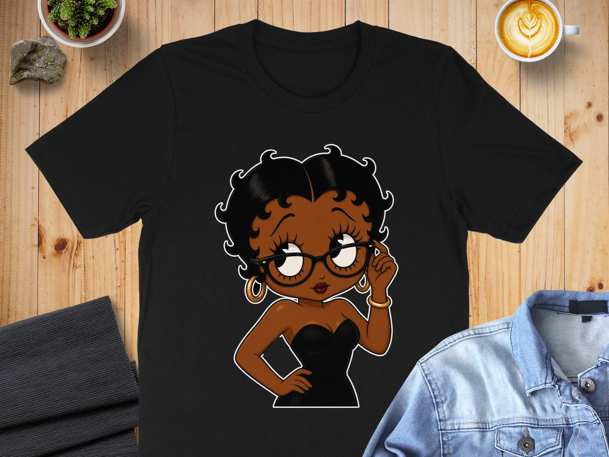 Black t-shirt with Betty Boop wearing glasses and a black dress.