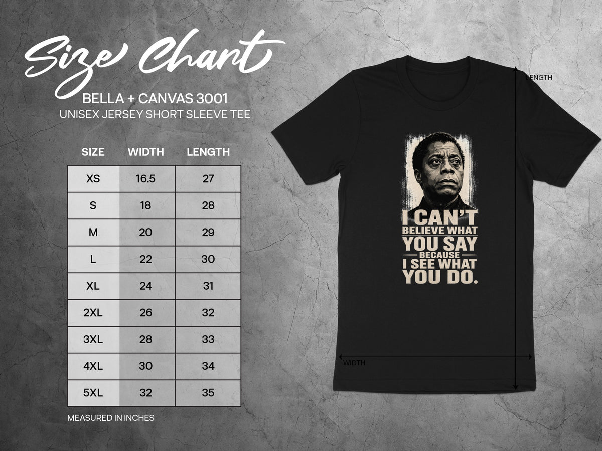 Unisex Bella + Canvas 3001 tee size chart with width and length measurements in inches.