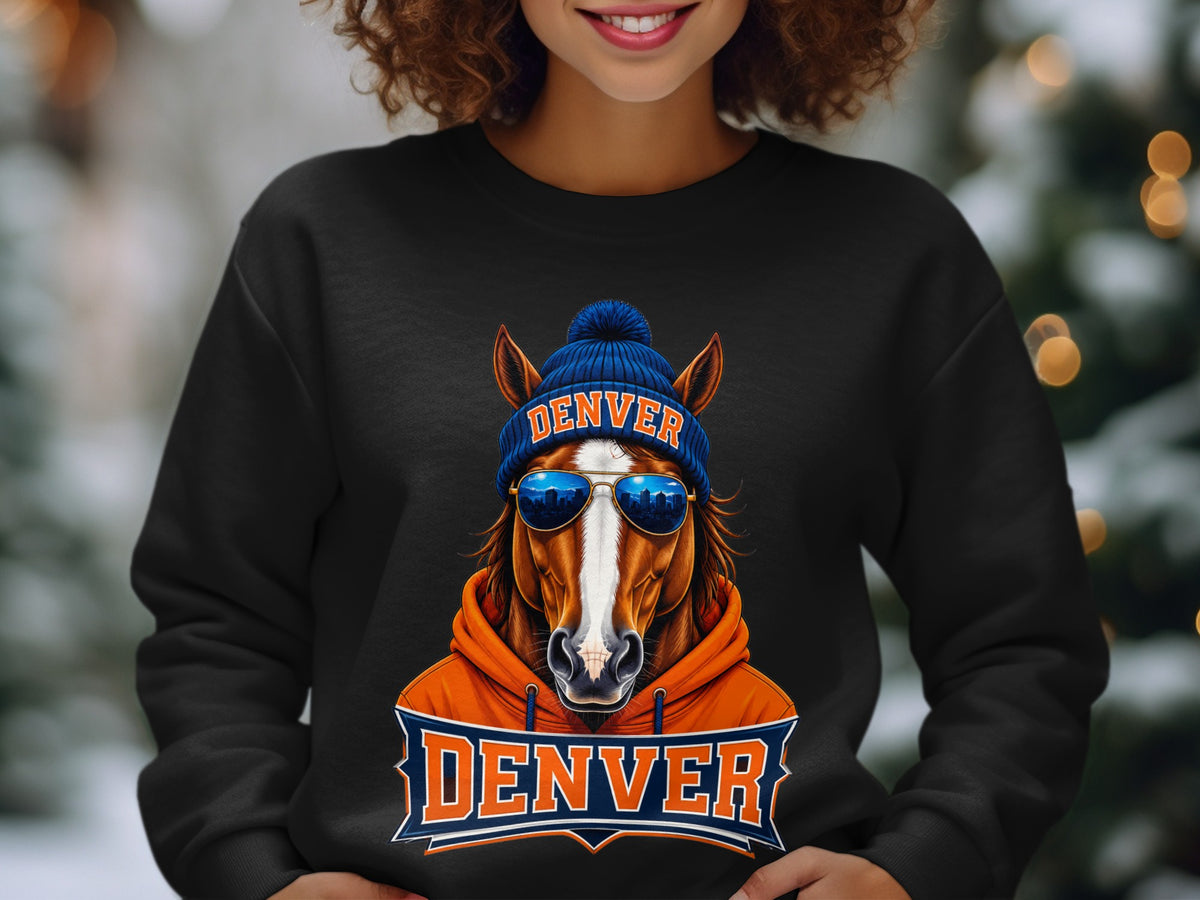 Black crewneck sweatshirt with Denver horse graphic wearing beanie and sunglasses.