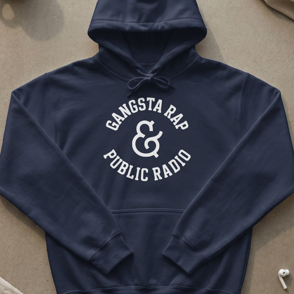 Navy hoodie with white "Gangsta Rap & Public Radio" text and ampersand.