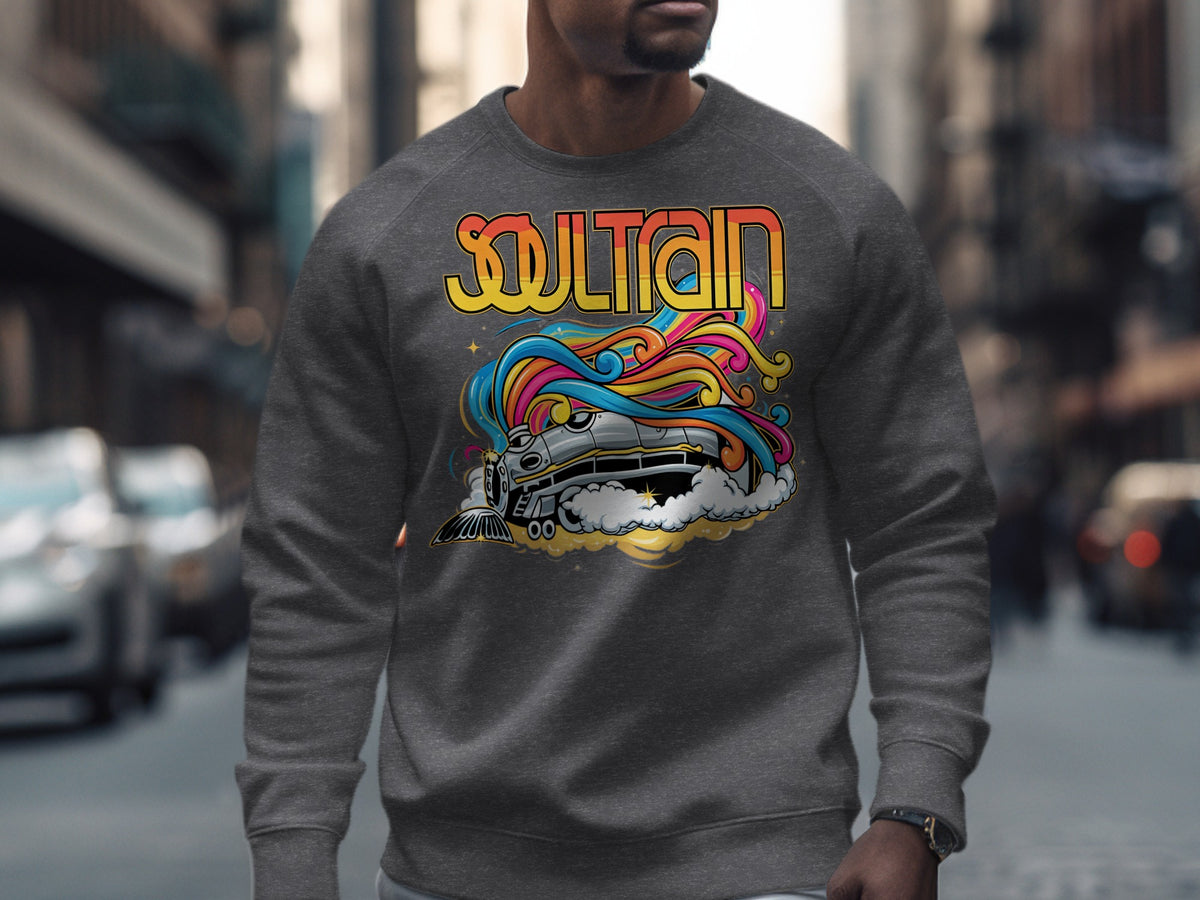 Gray sweatshirt with colorful "Soul Train" text and a retro train graphic.