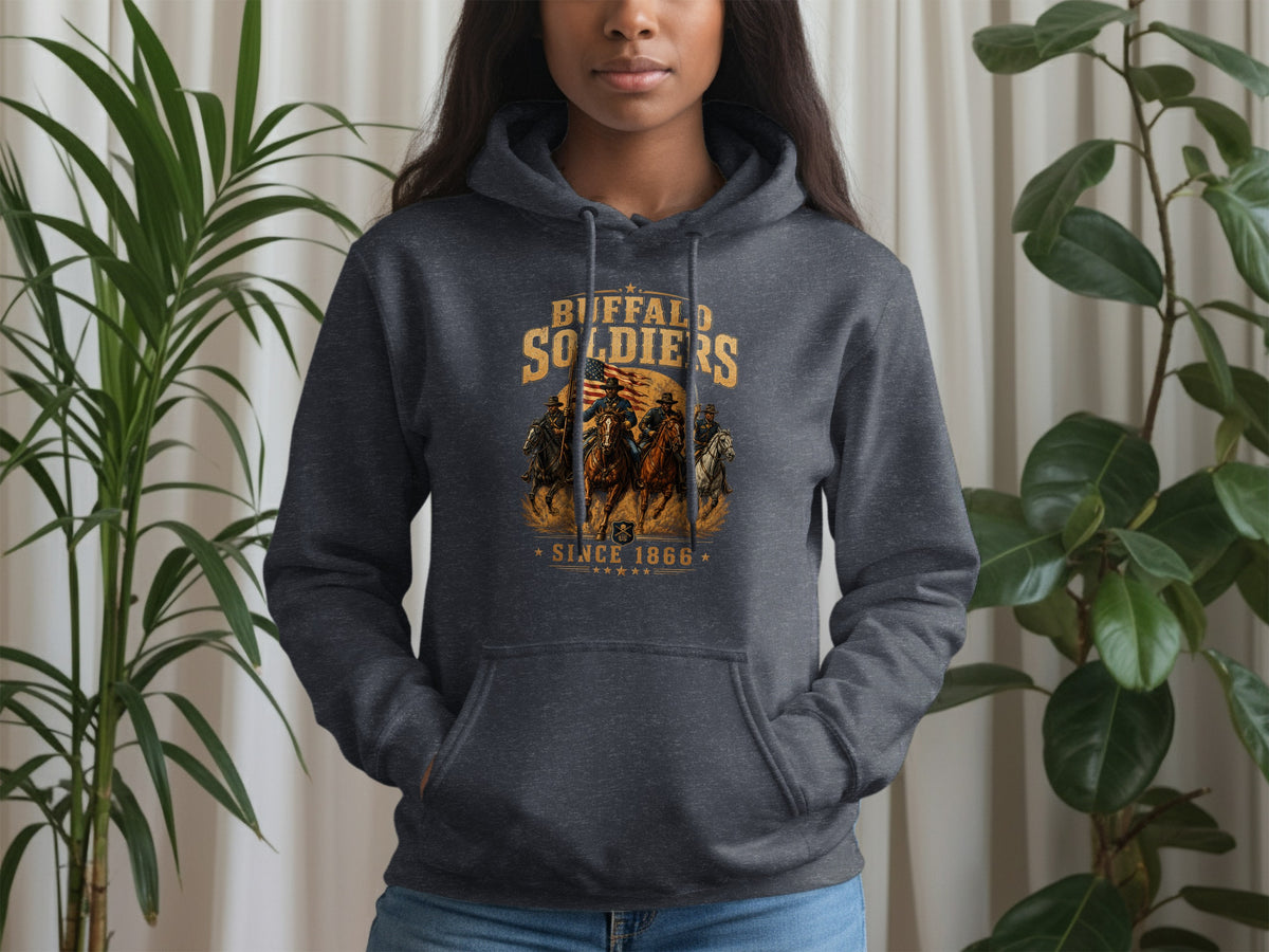 Dark grey hoodie with "Buffalo Soldiers Since 1866" graphic featuring cavalry and American flag.