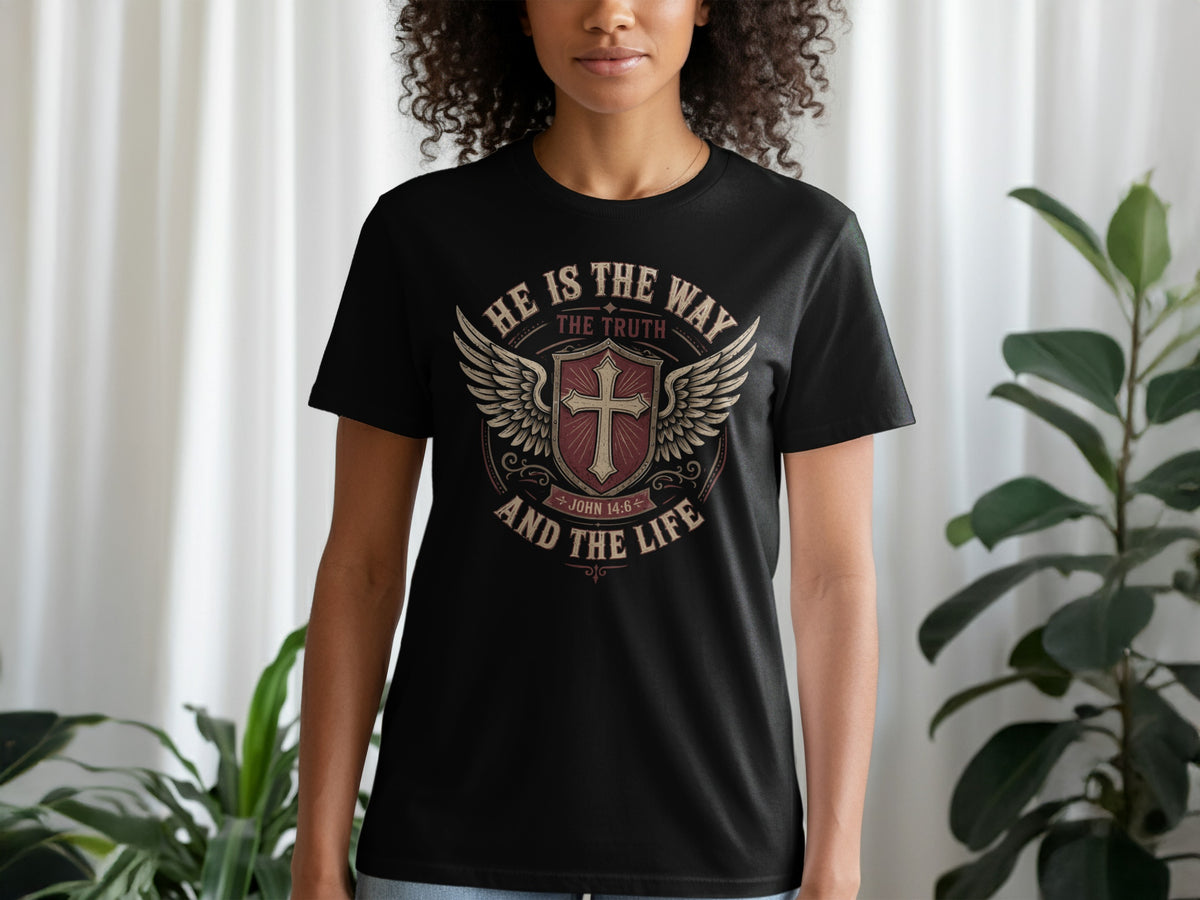 Black t-shirt with "He is the way the truth and the life" and John 14:6.