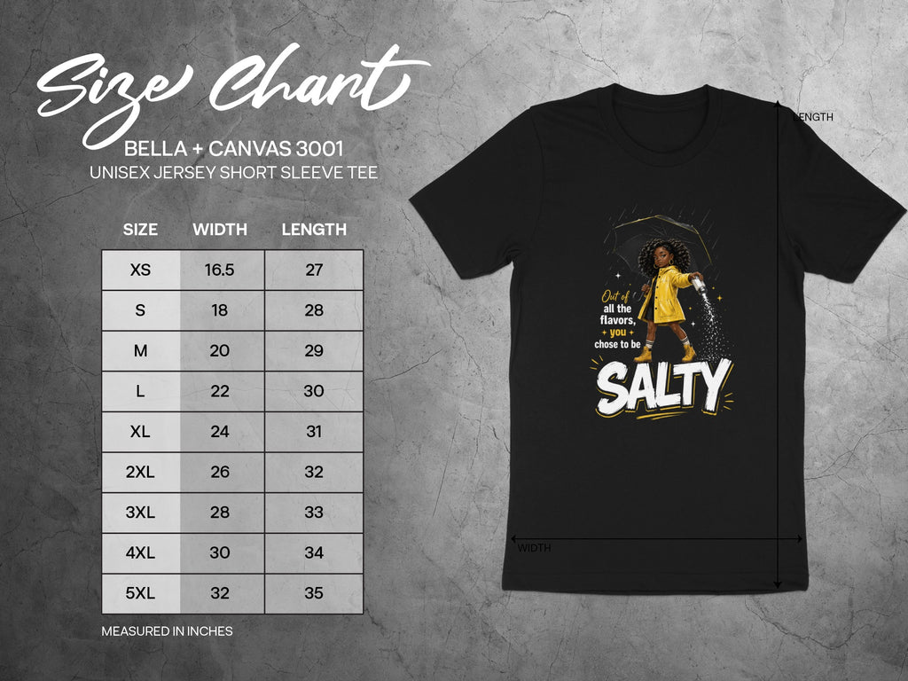 BELLA + CANVAS 3001 unisex jersey t-shirt size chart with measurements in inches.