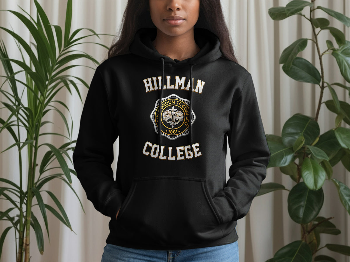Black Hillman College hoodie with circular crest and 1881.