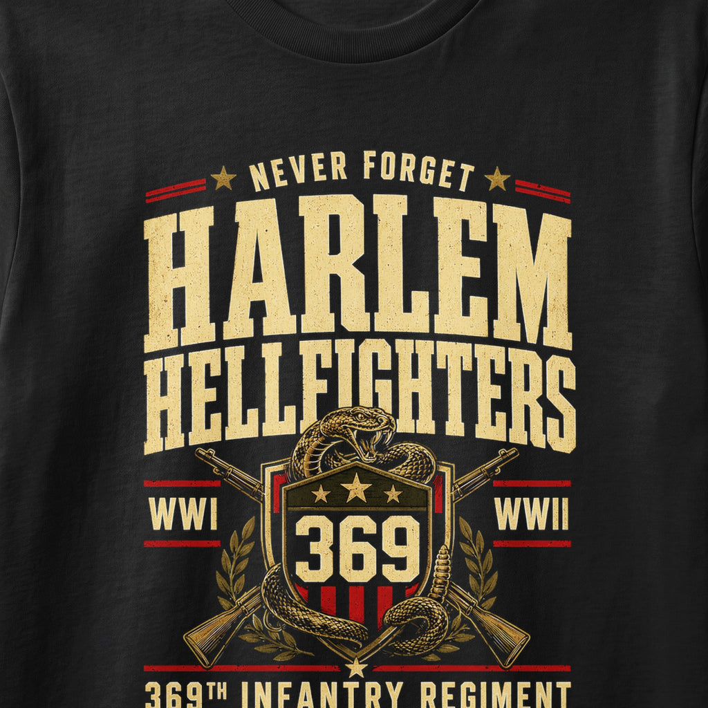 Harlem Hellfighters 369th Infantry Regiment graphic with snake and rifles.