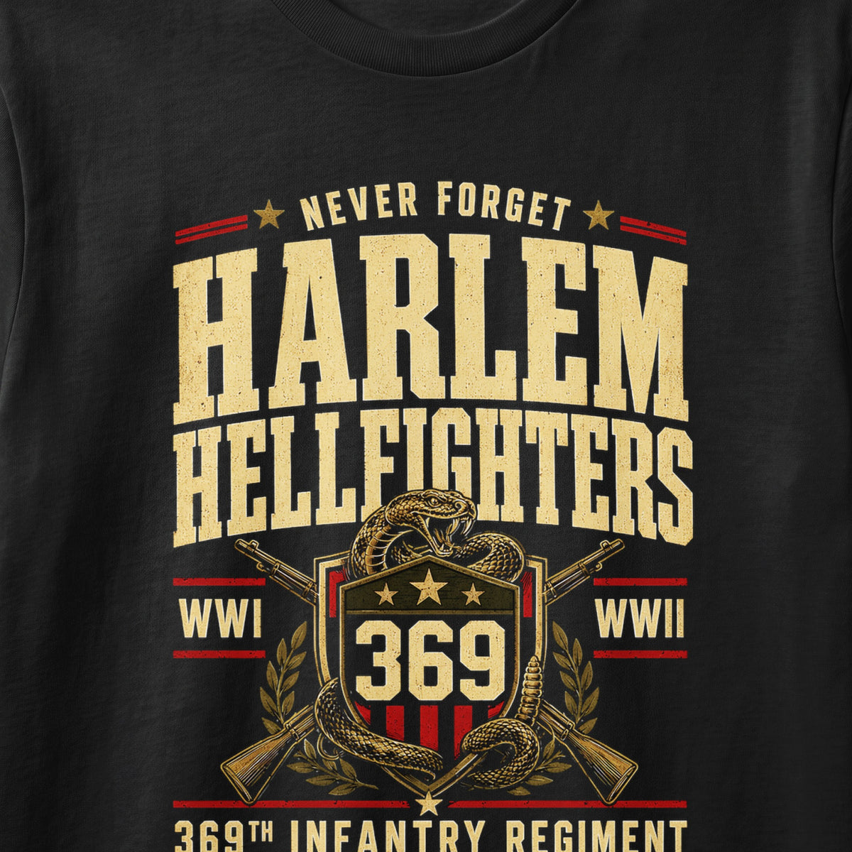 Harlem Hellfighters 369th Infantry Regiment graphic with snake and rifles.