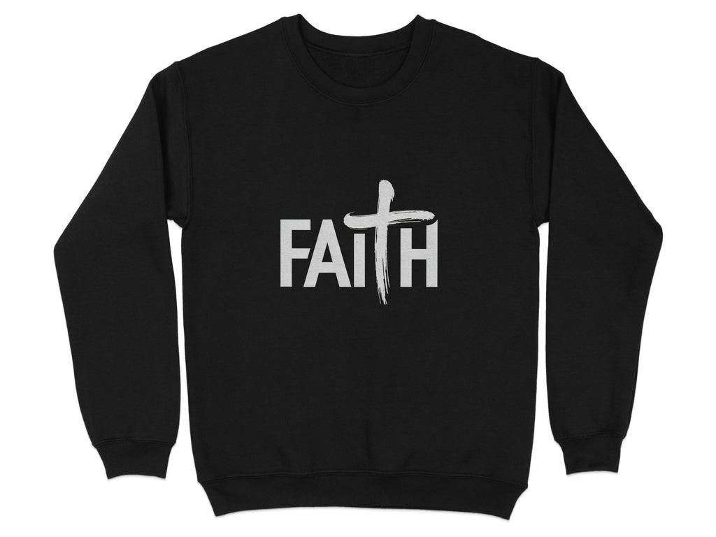 Black sweatshirt with white text "FAITH" and a painted cross design.