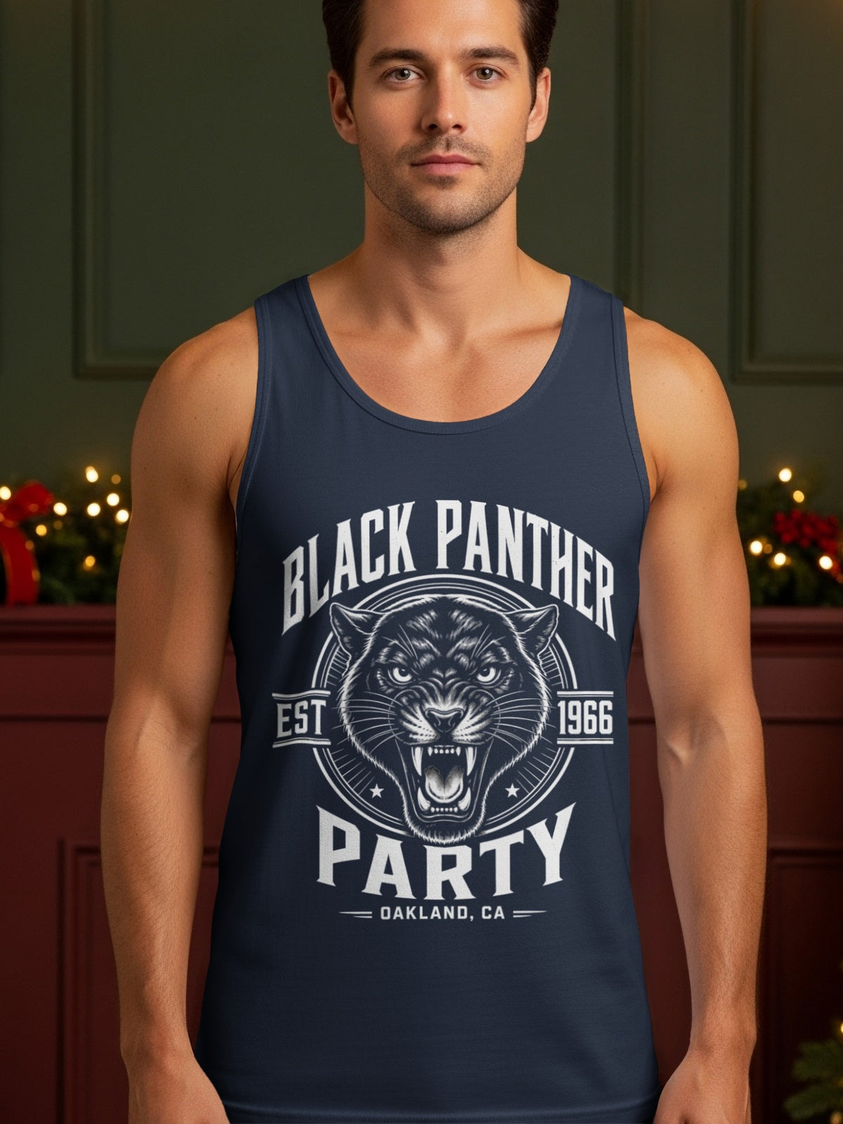Dark blue tank top with "Black Panther Party" text and 1966 Oakland, CA graphic.