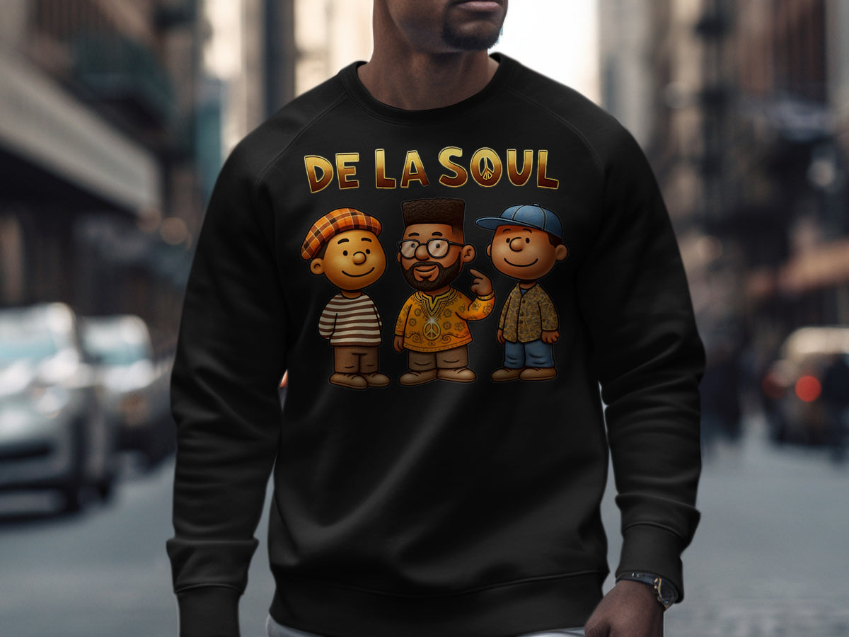 Black sweatshirt with "DE LA SOUL" text and three cartoon characters.