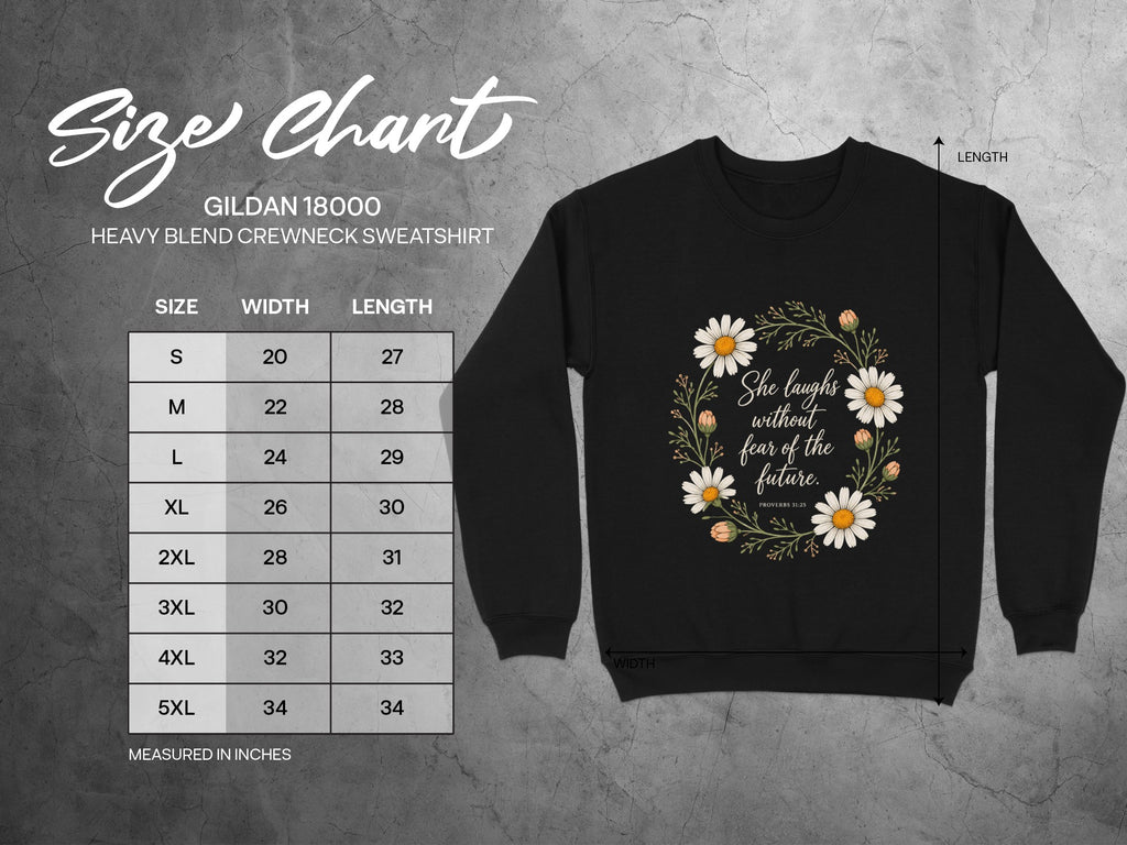 Gildan 18000 size chart with width and length measurements in inches for crewneck sweatshirts.