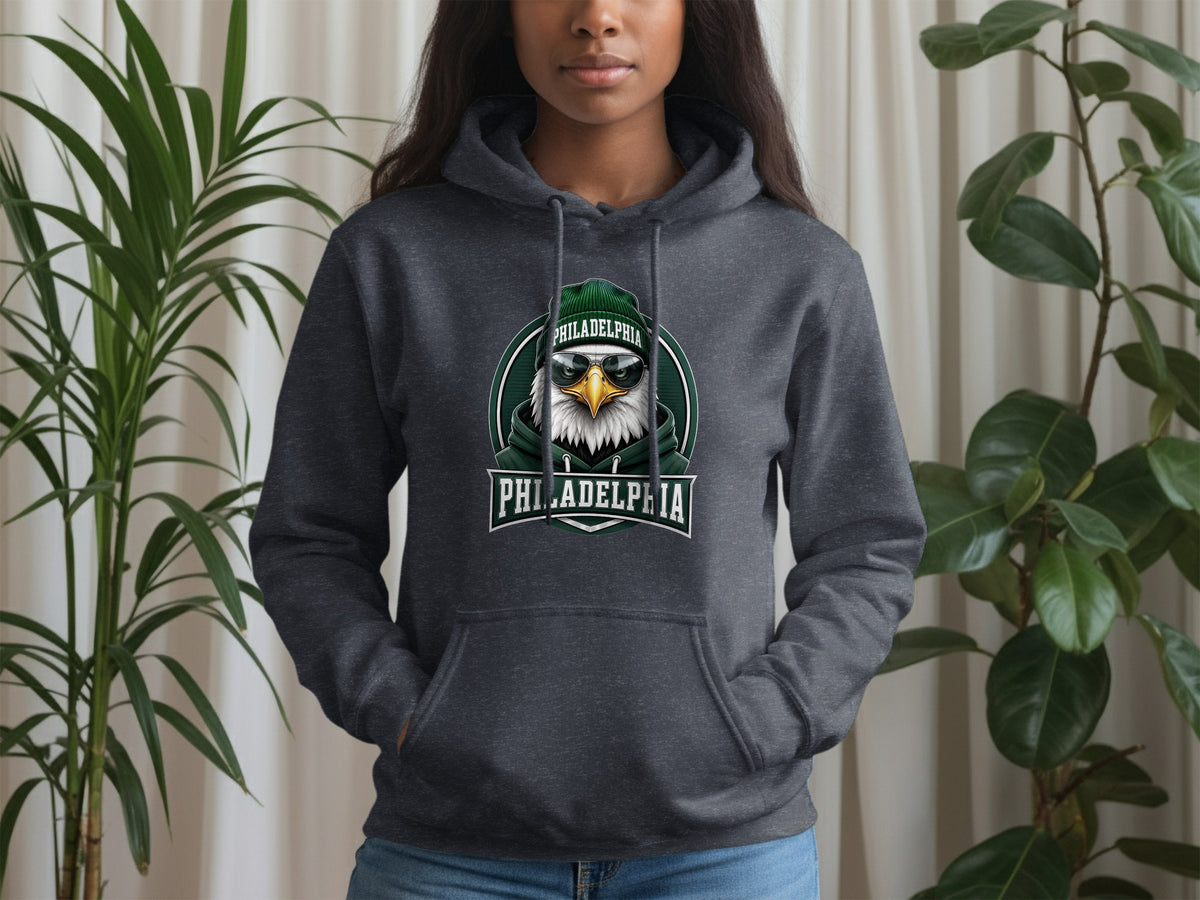 Dark gray hoodie with a cartoon eagle graphic wearing sunglasses and a beanie, text reads "PHILADELPHIA".