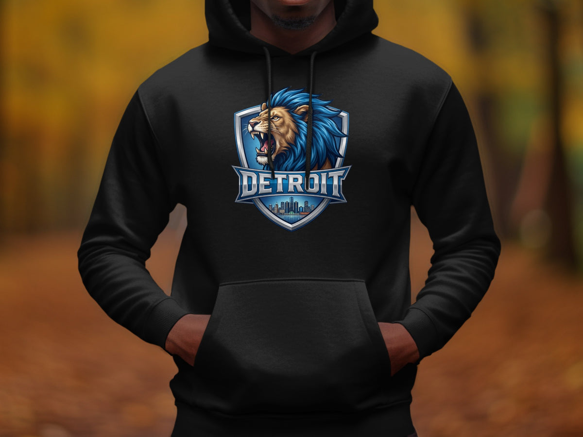 Black hoodie with Detroit lion crest and cityscape graphic on chest.