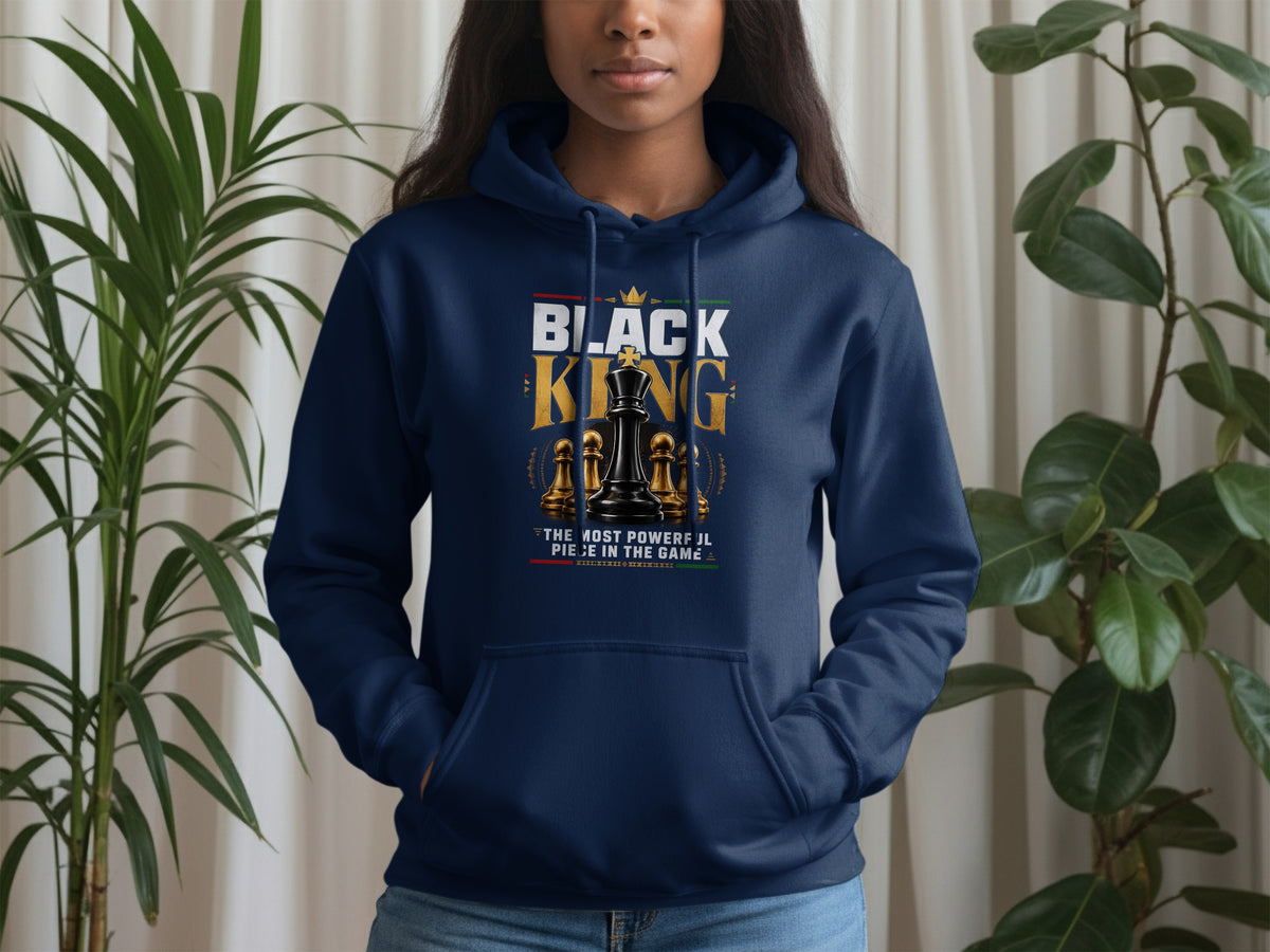 Navy hoodie with "Black King" text and chess pieces graphic.
